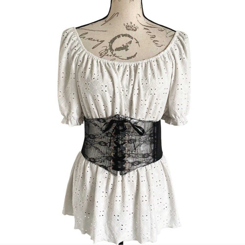 Corset Black Lace up whimsigoth wide waist belt Elastic Sheer Fairy underbust